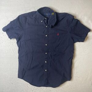 Ralph Lauren Classic Fit Short Sleeve Button Down Shirt Navy Red Pony Mens L